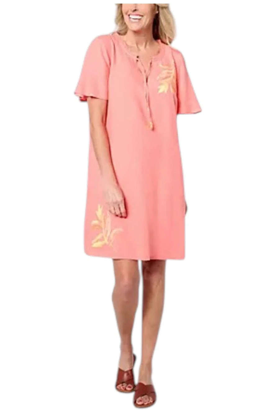 Susan Graver Soleil Linen Viscose Printed Cover-Up with Ties Coral - Regular